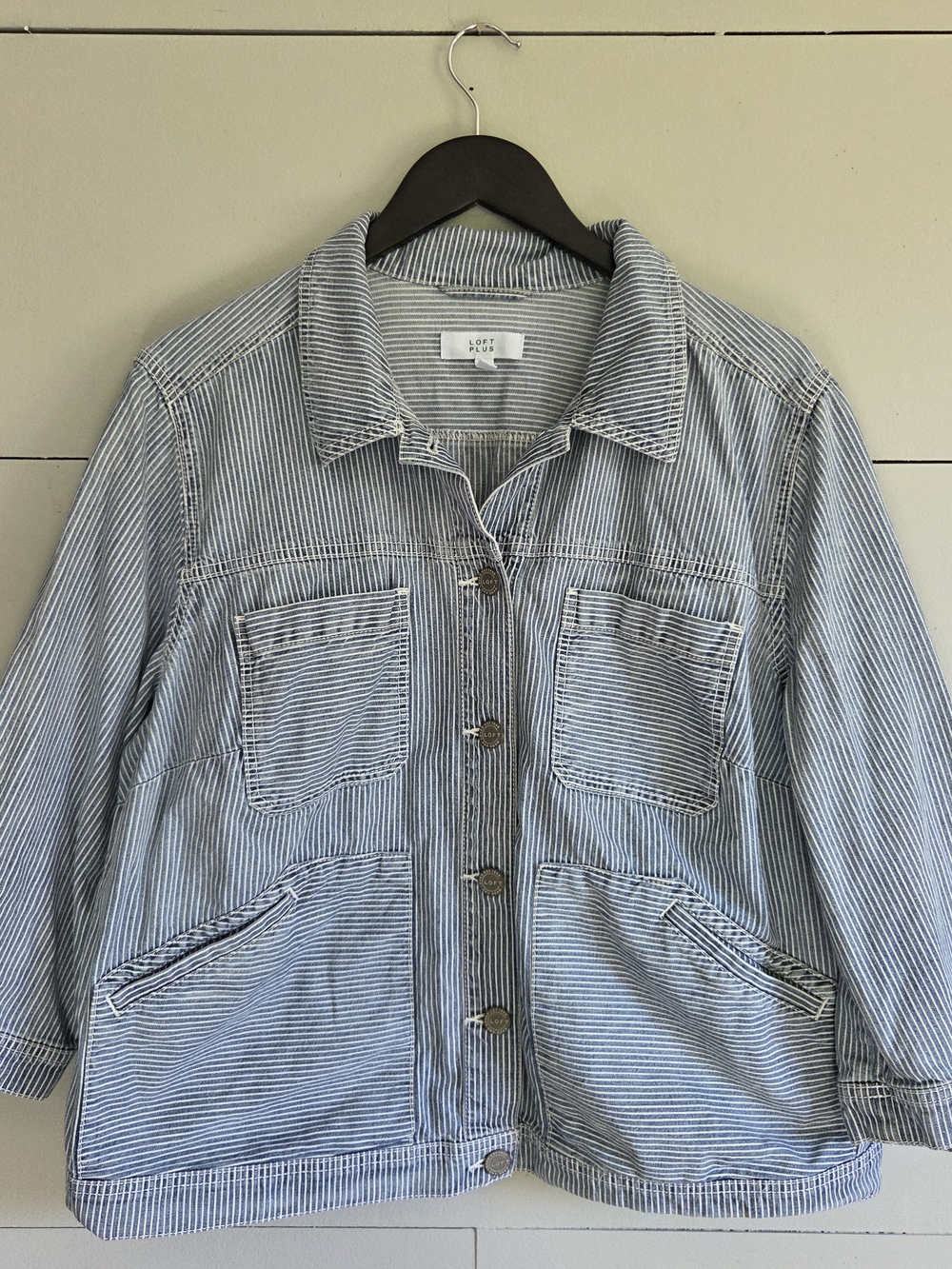 LOFT Plus Striped Button Front Jacket Pockets Collared 3/4 Sleeve Women's 16